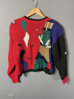 Vintage 80s/90s GANTOS Womens One Size New Year's Eve Sweater Champagne Bottle